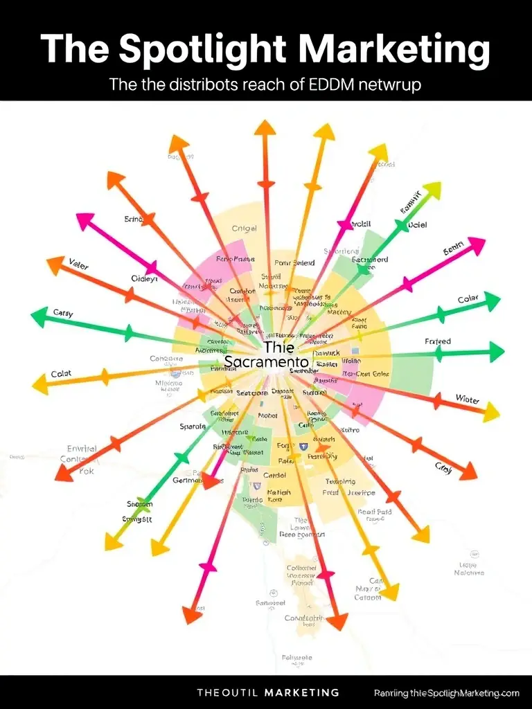A graphic illustrating the reach of The Spotlight Marketing's EDDM distribution network across Sacramento, emphasizing the wide coverage and potential customer base.