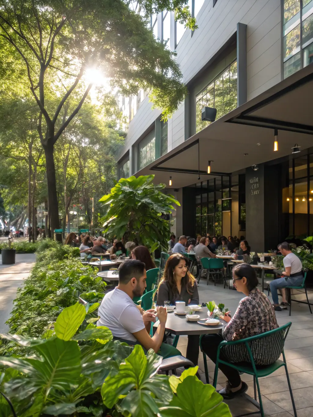 A vibrant photo of Downtown Coffee Co.'s storefront, showcasing its outdoor seating and inviting atmosphere, as featured on The Spotlight Marketing's EDDM postcard.
