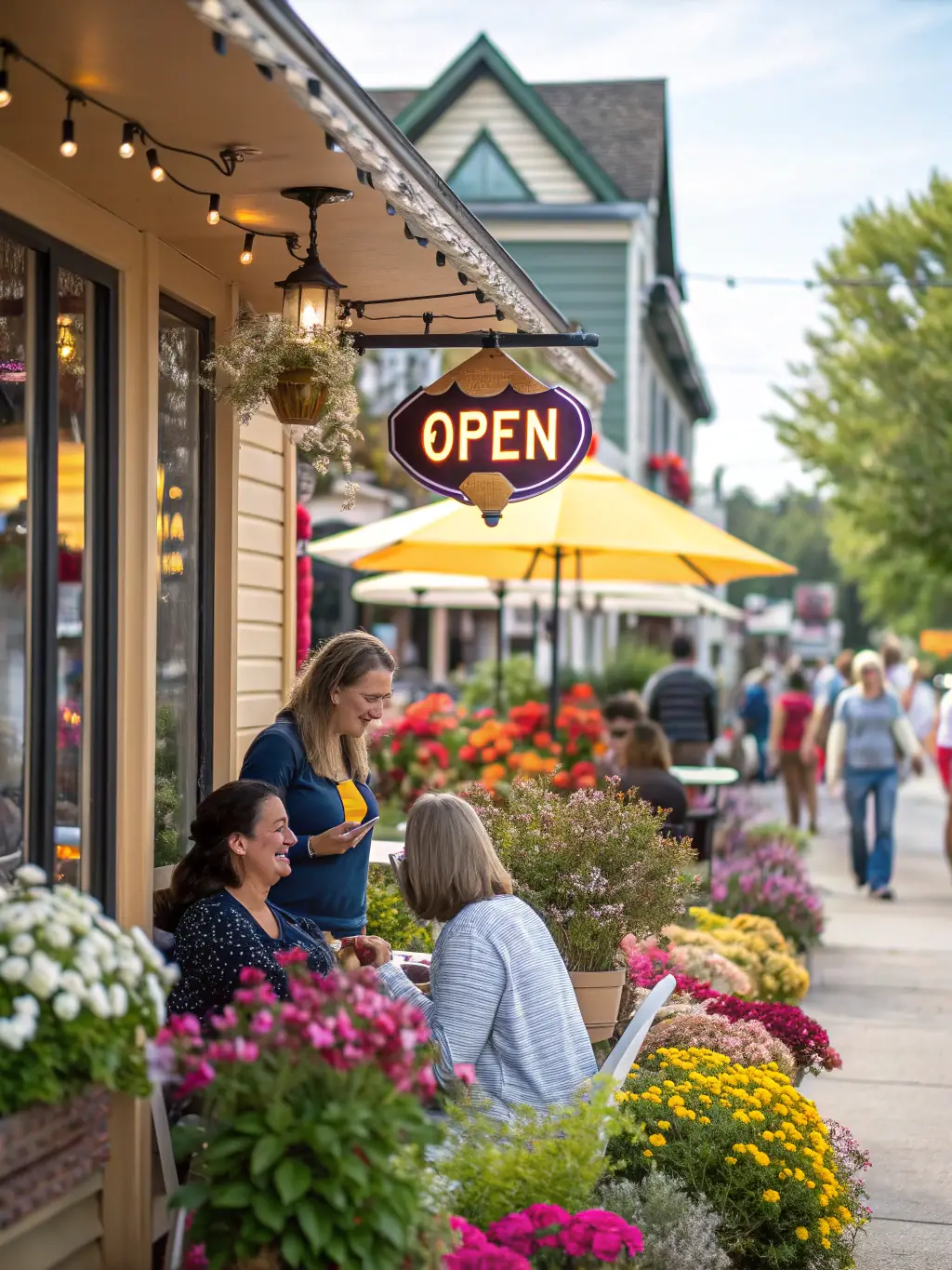 A visually appealing image of a local business owner interacting positively with customers, highlighting the personal connection fostered through The Spotlight Marketing.