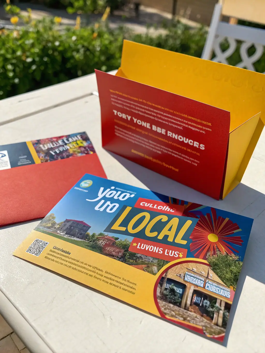 A high-quality photo showcasing a vibrant, eye-catching Spotlight Marketing postcard design, with a focus on the featured businesses and clear call-to-action elements.